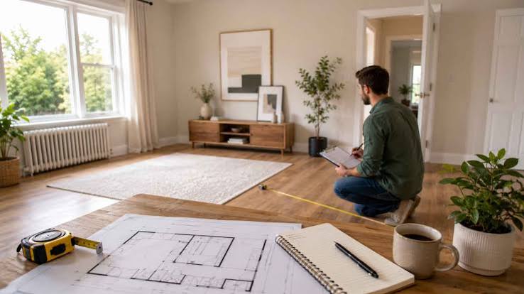 Planning furniture layout and measuring room before redesign