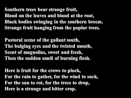 Check spelling or type a new query. Southern Trees Bear Strange Fruit Blood On The Leaves And Blood At The Root Black Bodies Swinging In The Southern Breeze Strange Fruit Hanging From Ppt Video Online Download
