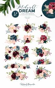 Burgundy Navy Flower Graphic Set Illustrations Hand Drawn Floral Illustr Watercolor Wedding Invitations Diy Watercolor Wedding Invitations Flower Graphic