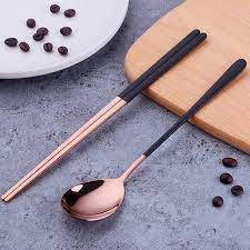 Korean Stainless Steel Reusable Hashi Sushi Chopstick Spoon Set Kitchensetdesign Rose Gold Kitchen Chopsticks Design Black And Copper Kitchen