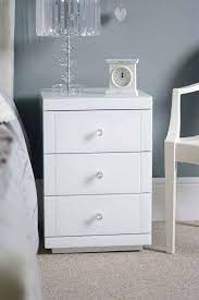 Beautiful White Glass Three Drawer Bedside Table To Compliment Any Bedroom This Bedsi White Gloss Bedroom Furniture Bedroom Furniture Uk Bedroom Night Stands