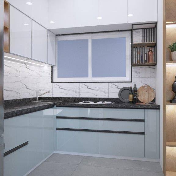 L shape modular kitchen aycrelic finish product image