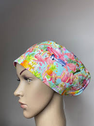 Tropical Christmas Vibes Cotton Surgical Scrub Cap With Pink Flamingos,  Palm Trees, and Pineapples Handmade by Willowhousehomemade
