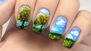 El mostachon está muy de moda estas uñas decoradas con estos dibujos son muy sencillos ,aplica una base de esmalte verde claro y con un pincel finito o un. Https Xn Diseosdeuasdecoradas 66bf Com Preciosos Disenos Unas Paisajes Preciosos Disenos Unas Con Paisajes