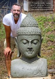 Lava Stone Carved Peaceful Buddha Bust with Urna Third Eye Sculpture 44"  (#150ls1020): Lotus Sculpture