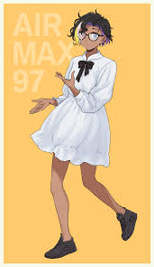 pas (paxiti), alex (pas (paxiti)), nike (company), bisexual, absurdres,  highres, tagme, 1other, air max 97, bisexual flag, black hair, bow, dark  skin, dress, glasses, heterochromia, lgbt pride, non-binary flag, shoes,  short hair,