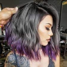 Gray Lob With Purple Balayage Purple Ombre Hair Short Purple Ombre Hair Dip Dye Hair