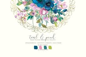 Flower plants grungy floral pattern. Watercolor Teal Pink Flowers Clipart Set 256367 Illustrations Design Bundles