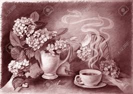 Fiori san valentino fiori guarigione. Immagini Stock Disegno A Matita Di Still Life Tazza Di Caffe Caldo E Fiore Image 64371095