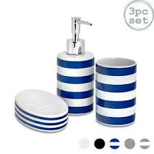 Blue and white ceramic bathroom accessories. Bathroom Accessory Set 3 Pcs Soap Dispenser Dish Tumbler Blue White Stripe Ebay