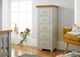 Small spaces require slimline storage to provide you with nifty places to keep your bits and bobs. Cheshire Grey Painted 5 Drawer Tallboy Oak Chest Of Drawers Fully Assembled Top Furniture