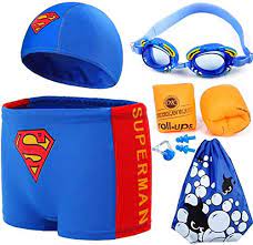 6 pcs a set swimming supplies children swimming trunks Superman swimming  cap boy Swim Shorts cartoon swimming goggles swimming arm ring beach bag  (blue, XL): Buy Online at Best Price in UAE -