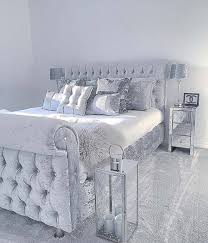 Grey Sleigh Bed In Velvet With Silver Satin Sheets Pillows W Mirrored Furnitur Bedroom Decor Bedroom Design Bedroom Interior