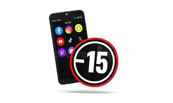 A digital illustration showing a smartphone screen with age-restricted content and social media icons.