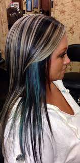 Dark Brown Chunky Blonde And A Pop Of Teal Hair Styles Blonde Hair With Highlights Brown Hair With Blonde Highlights