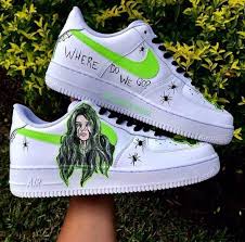 Black Air Forces Meme Meaning Billie Eilish White Nike Air Force One In Green Where Do We Go Nike Air Shoes Custom Nike Shoes Nike Shoes Air Force