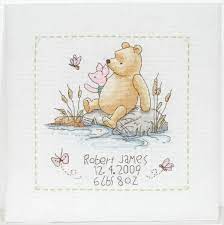 Our seashell confection is worked on 18 count ivory aida with cotton thread. Cross Stitch Birth Sampler Winnie The Pooh Novocom Top