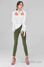Pantolon Kombinleri Yesil Dar Kesim Pantolon Beyaz Uzun Ispanyol Kol Islemeli Gomlek Pantolon Kiyafet Moda