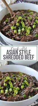 Crock Pot Slow Cooker Asian Style Shredded Beef Mother Thyme Recipe Shredded Beef Recipes Slow Cooker Asian Shredded Beef