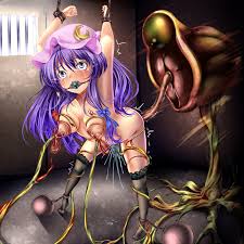 monikano, patchouli knowledge, touhou, highres, 1girl, ball and chain  restraint, ball gag, bars, bdsm, blue eyes, bondage, bound, bow, breasts,  chain, crescent, crotch rope, cuffs, female focus, gag, hair bow, hat, lace,