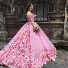 Flowers Prom Dresses 2020 Off The Shoulder Lace Up Back Court Train Evening Dresses Pink Evening Gowns Arabic Party Dresses Pink Evening Gowns Pink Wedding Dresses Pink Ball Gown