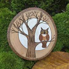wood burned and painted great horned owl in a tree with a full moon behind him woodland wall hanging ornament or magnet painting on wood wood burning art woodland wall