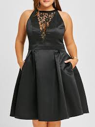 Plus Size Semi Cocktail Lace Insert Swing Dress Sleeveless Swing Dress Lace Dress Black Swing Dress