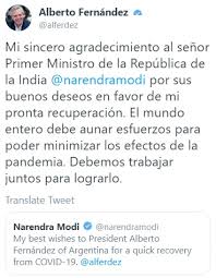 Последние твиты от alberto fernandez ✌ (@alferrdez). Dd India On Twitter President Alberto Fernandez Of Argentina Alferdez Expressed His Sincere Thanks To The Prime Minister Of India Narendramodi For His Good Wishes For Speedy Recovery Of President Of Argentina