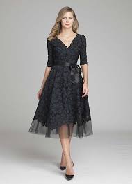 3 4 Sleeve Lace And Tulle Fit And Flare Dress Tea Length Dresses Lace Wedding Guest Dress Mother Of Groom Dresses
