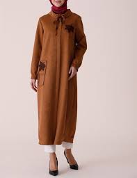 Yaprak Desenli Suet Kap Hardal 6017 27 Manto Elbise Mont