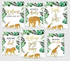 Jungle Baby Shower Decorations Signs Gold Jungle Animals Etsy In 2021 Jungle Animals Baby Shower Jungle Baby Shower Decorations Jungle Baby Shower Invites