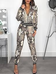 Black And White Striped Jumpsuit With Jacket Snakeskin Print Striped Tape Coat Pant Sets Fashion Long Jumpsuits Top Pants Set