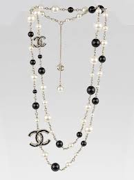 Black And White Jewelry Chanel White Black Beaded And Cc Logo Long Necklace Chanel Pearls Chanel Pearl Necklace Chanel Jewelry