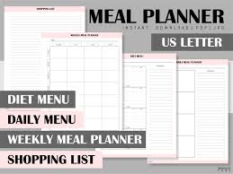 Meal Planner Printable Inserts Shopping List Grocery List Diet Plan Planner Download Daily Menu Planne Meal Planner Printable Meal Planner Weekly Menu Planners