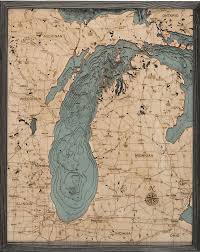 Lake Michigan 3 D Nautical Wood Chart 24 5 X 31 Driftwood Grey Frame