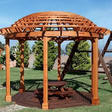 The Wooden Dome Pergola Options 16 Diameter With Deck In Coffee Stain Douglas Fir Open Roof With Slats At 6 9 P Pergola Pergola Kits Deck With Pergola