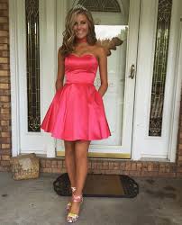 Simple Satin Sweetheart Homecoming Dress With Pockets Short Semi Formal Gowns Simple Homecoming Dresses Cute Cocktail Dresses Cheap Homecoming Dresses