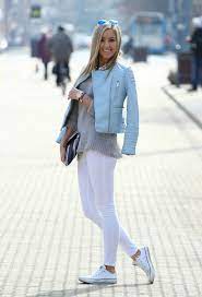 Women S Light Blue Quilted Leather Biker Jacket Grey Crew Neck Sweater White Leggings White Low Top Sneakers Blue Leather Jacket Outfit Fashion Leather Jacket Outfits