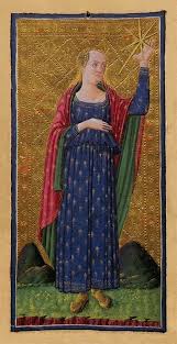 A figure from the Visconti-Sforza deck in medieval dress against a gold background