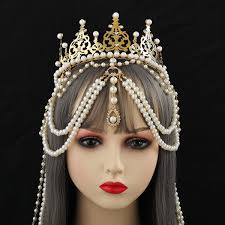 Baroque Lady White Beads Chain Crown Chain Party Show Wedding Bridal  Headpiece