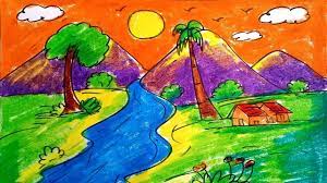 Kids and beginners alike can now draw a great looking sunset. Easy Scenery For Kids How To Draw Sunset Scenery For Beginners With Oi Flower Drawing Images Sunrise Drawing Drawing Scenery
