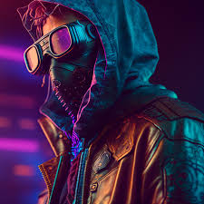 A mask-wearing man in a cyberpunk setting
