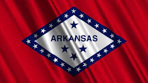 Die flagge von arkansas hat ein rotes feld mit einer weißen raute, auf der der name des staates die farben der flagge sind blau, rot und weiß. Shutterstock