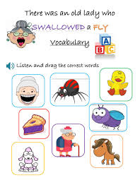There was an old lady who swallowed a fly story cut outs. There Was An Old Lady Who Swallowed A Fly Vocavulary Worksheet