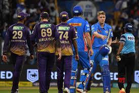 Mumbai Indians' Cameron Green and Tim David shakes hands with KKR players  after winning the IPL 2023 match #Gallery