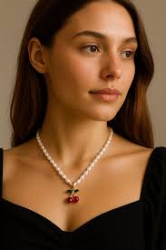Freshwater Pearl Beaded Necklace: Crystal Cherry Pendant, Summer Jewelry