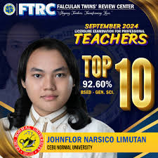 Congratulations to one of our TOP 10 placers in the Secondary Level: TOP 10  JOHNFLOR NARSICO LIMUTAN CEBU NORMAL UNIVERSITY (CEBU STATE COLLEGE) BSED