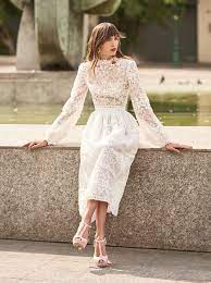 Costarellos Spring Summer 2018 Collection Br Ss18 33 Br Long Sleeves Tea Length Ball Dress Off White Midi Wedding Dress Ball Dresses Beautiful Dresses