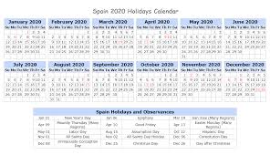 Spain 2020 Holidays Calendar Holiday Calendar Holiday Calendar Printable Office Holiday