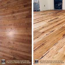 While waterlox original tung oil finishes contain a superior drying oil, namely tung oil, they are fully cooked varnishes, which dry quicker and form permanent films tough enough to walk on and take daily abuse. Waterlox On Twitter Here Are Two Floors Recently Finished With Our Truetone Product Line The Maple Floor On The Left Is Stained With Truetone Color Infused Tung Oil In Chestnut And The Hickory